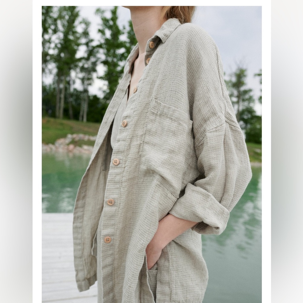 Vika Waffle Linen Shirt - Natural Grey Waffle